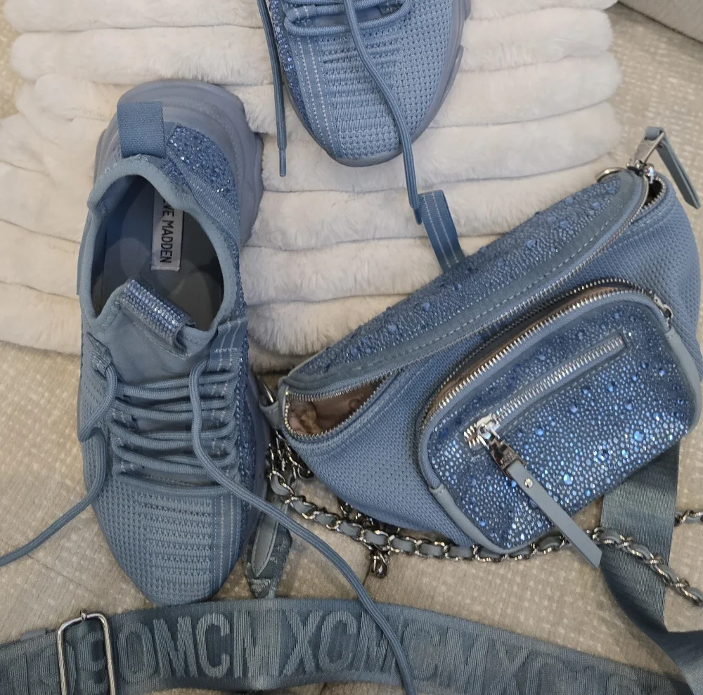 Steve Madden Bmaxima Multi Crystals Cross Body Sling Bag + Shoes Bundle 9 (Blue)